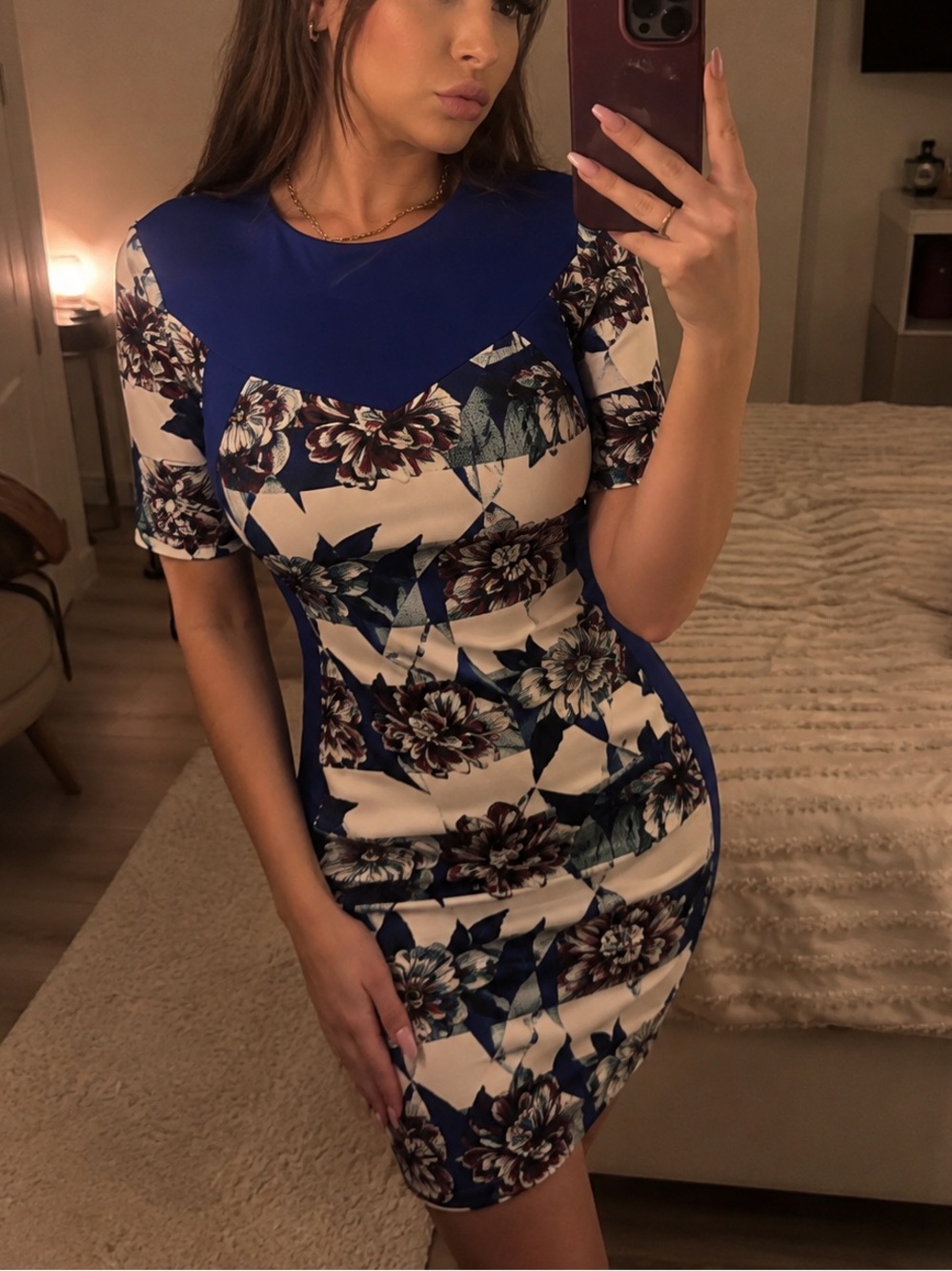French Connection Royal Blue, White and Green Floral Midi Dress